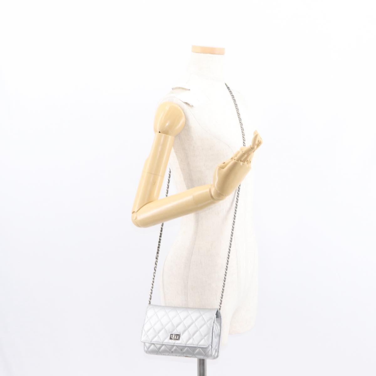 CHANEL Matelasse Chain Wallet Leather Silver CC Auth ka015