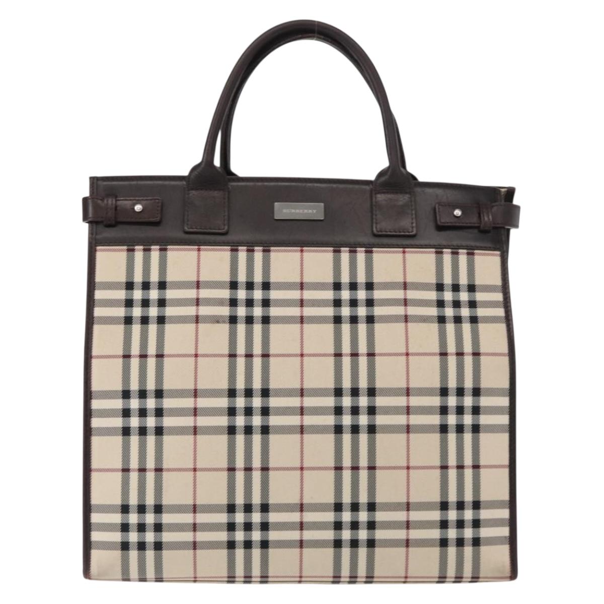 BURBERRY Nova Check Hand Bag Canvas Beige Silver Auth ka042