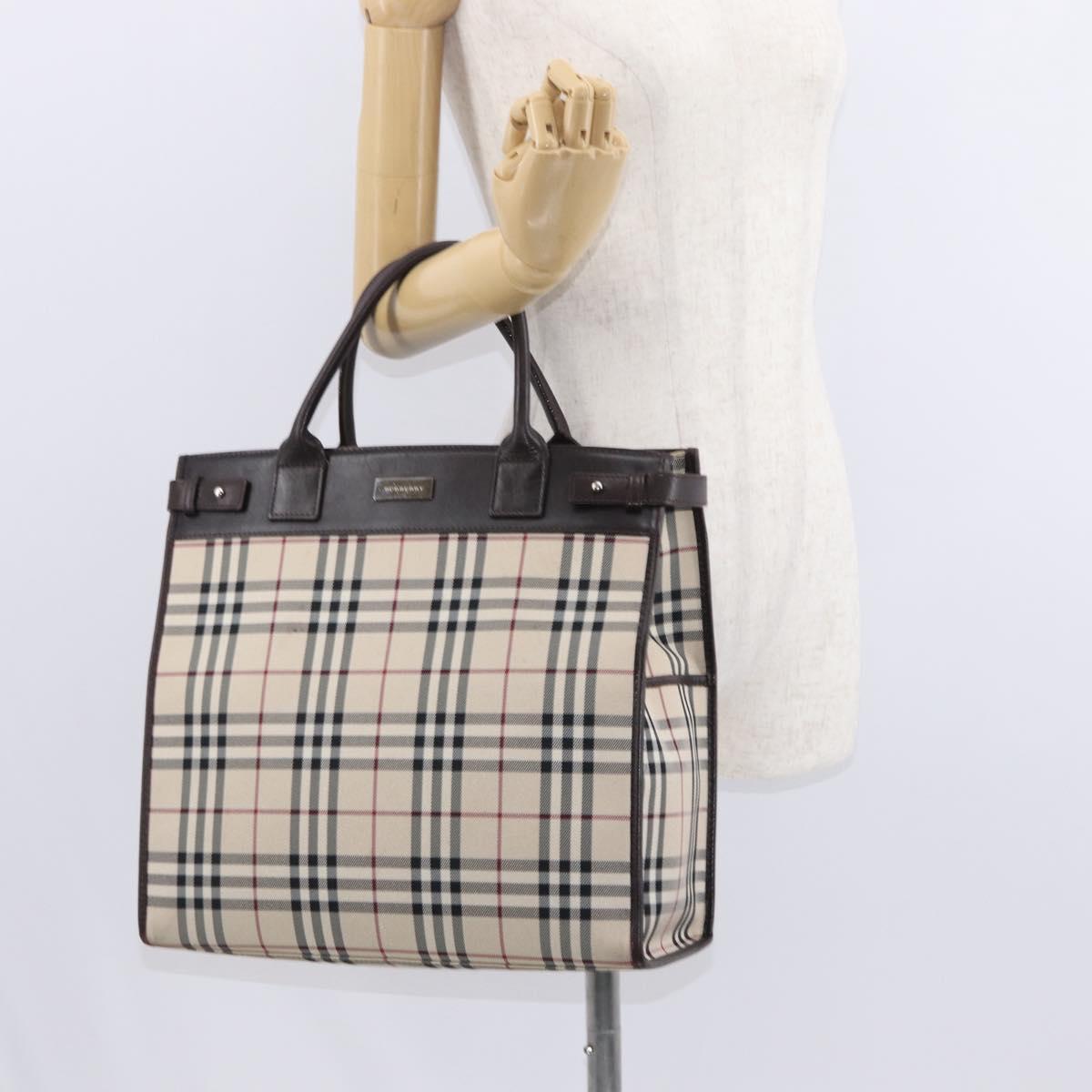 BURBERRY Nova Check Hand Bag Canvas Beige Silver Auth ka042