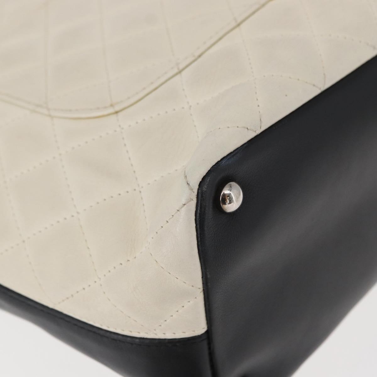 CHANEL Cambon Line Hand Bag Leather White Silver black CC Auth ka054