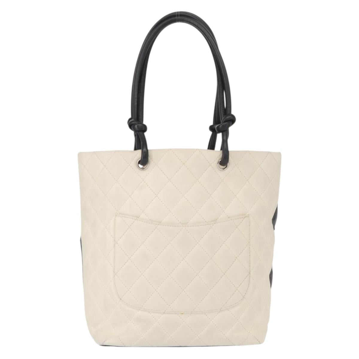 CHANEL Cambon Line Hand Bag Leather White Silver black CC Auth ka054
