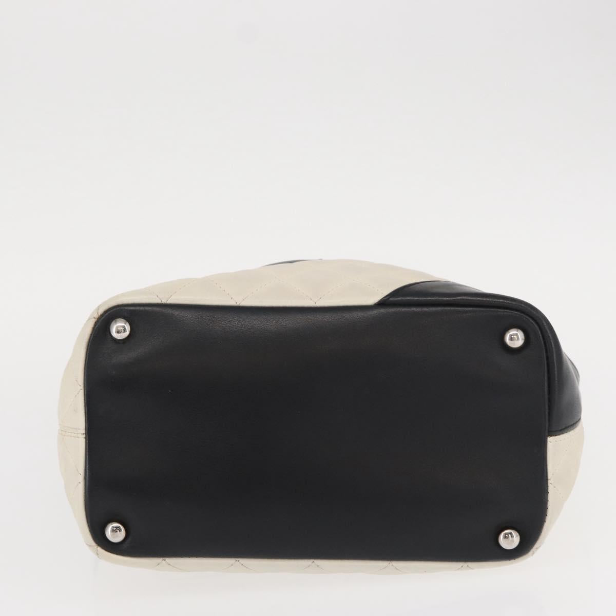 CHANEL Cambon Line Hand Bag Leather White Silver black CC Auth ka054