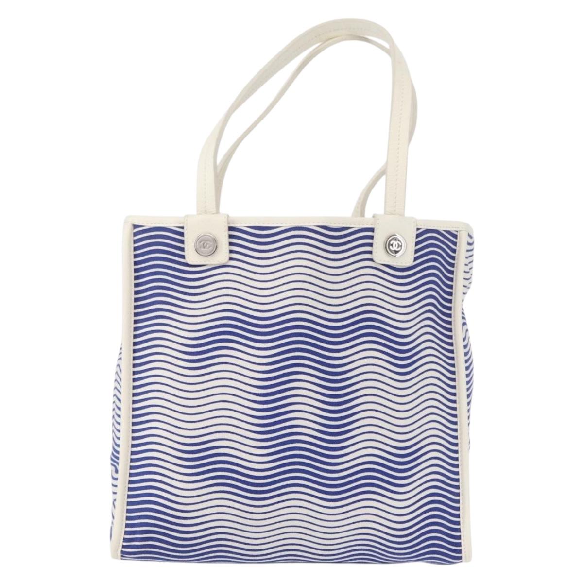 CHANEL Tote Bag Canvas Leather Blue White CC Auth ka064