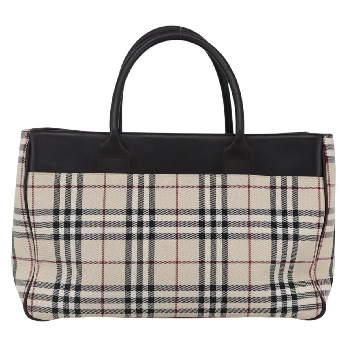 BURBERRY Nova Check Hand Bag Canvas Leather Beige Silver Auth ka065