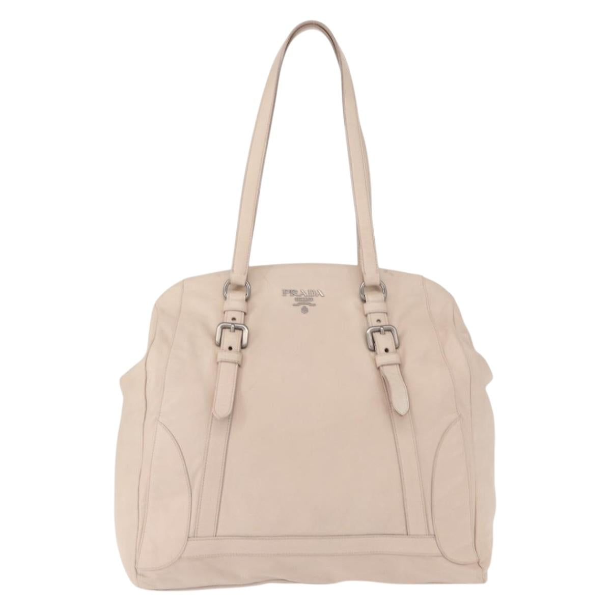 PRADA Shoulder Bag Leather Beige Silver Auth ka071