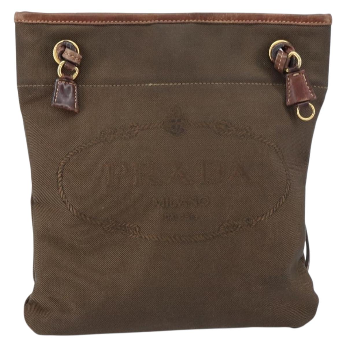 PRADA Shoulder Bag Canvas Dark Brown gold Auth ka080