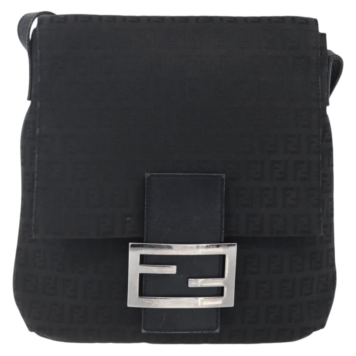 FENDI Zucchino Canvas Shoulder Bag Black Silver Auth ka081
