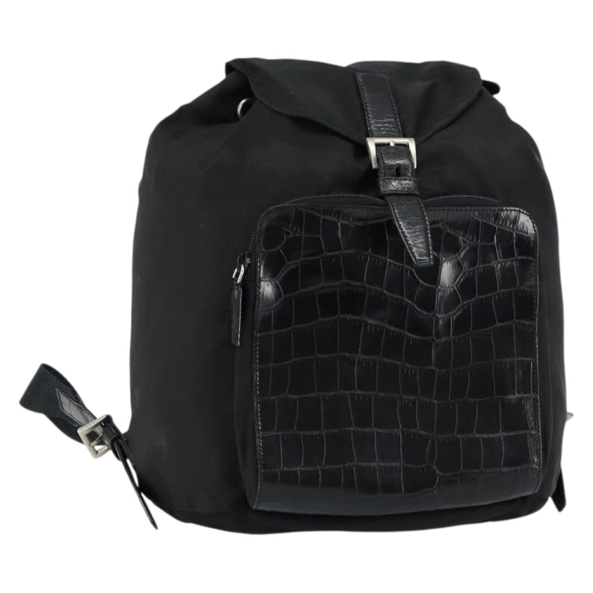 PRADA Embossing Backpack Nylon Black Silver Auth ka084