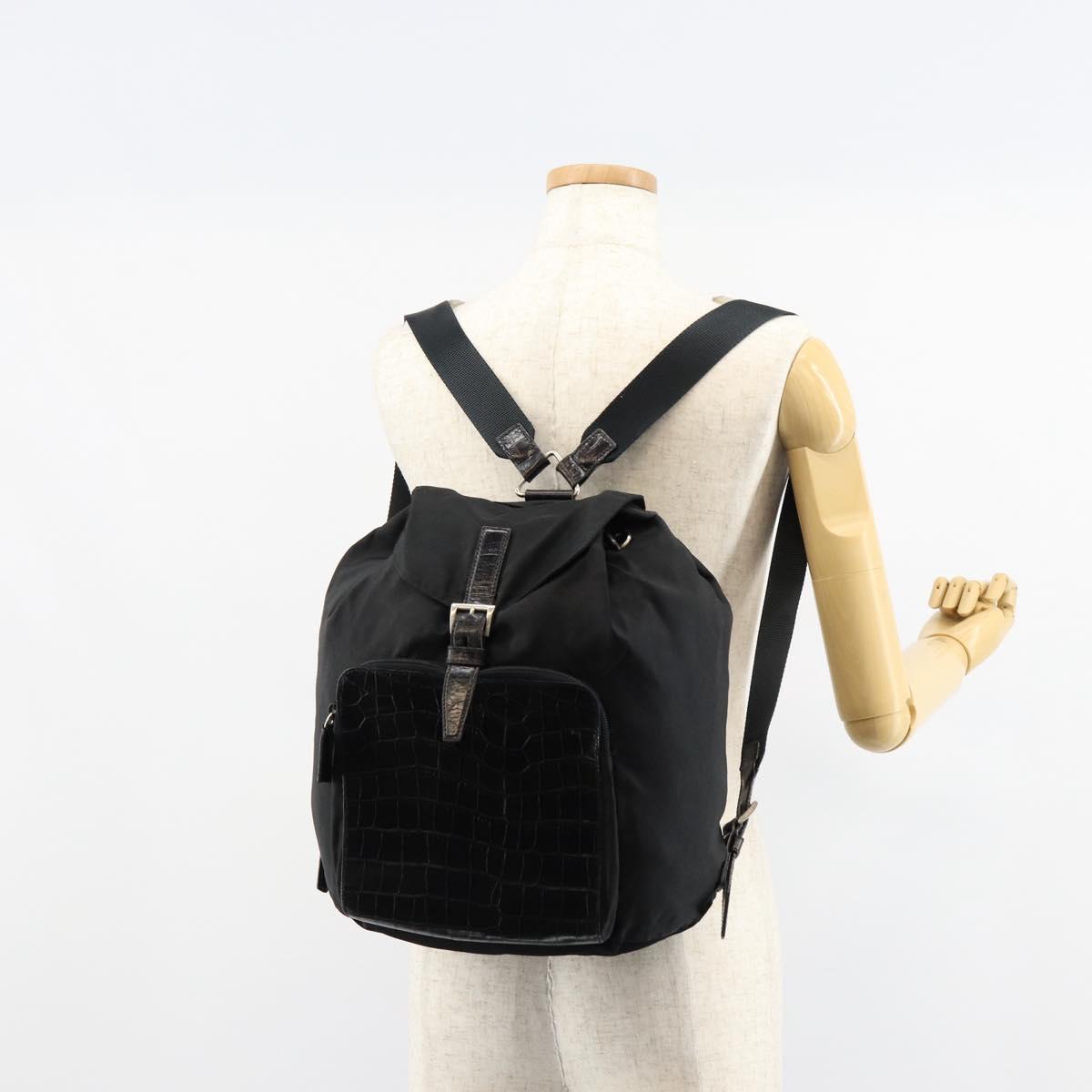 PRADA Embossing Backpack Nylon Black Silver Auth ka084