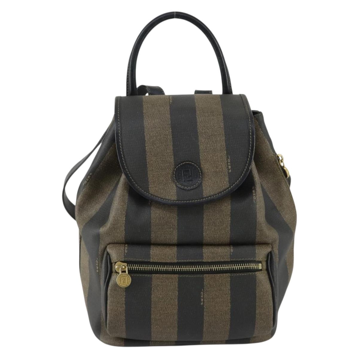 FENDI Pecan Canvas Backpack PVC Brown Black gold Auth ka1008