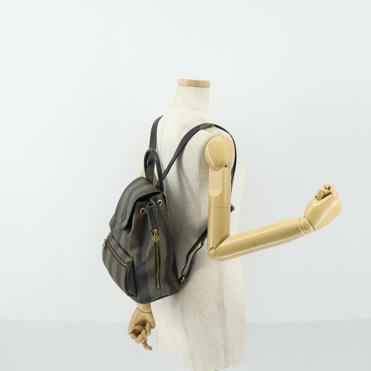 FENDI Pecan Canvas Backpack PVC Brown Black gold Auth ka1008