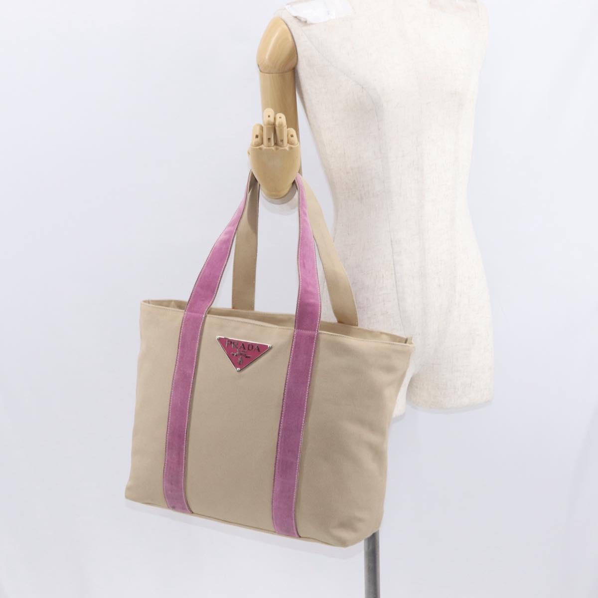 PRADA Tote Bag Canvas Beige Silver Auth ka101