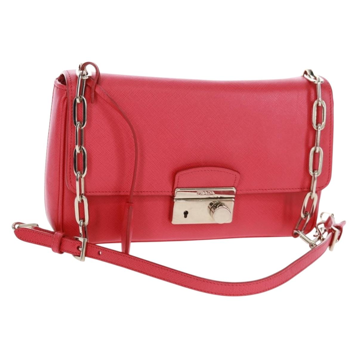 PRADA Chain Shoulder Bag Safiano leather Red Silver Auth ka1025V