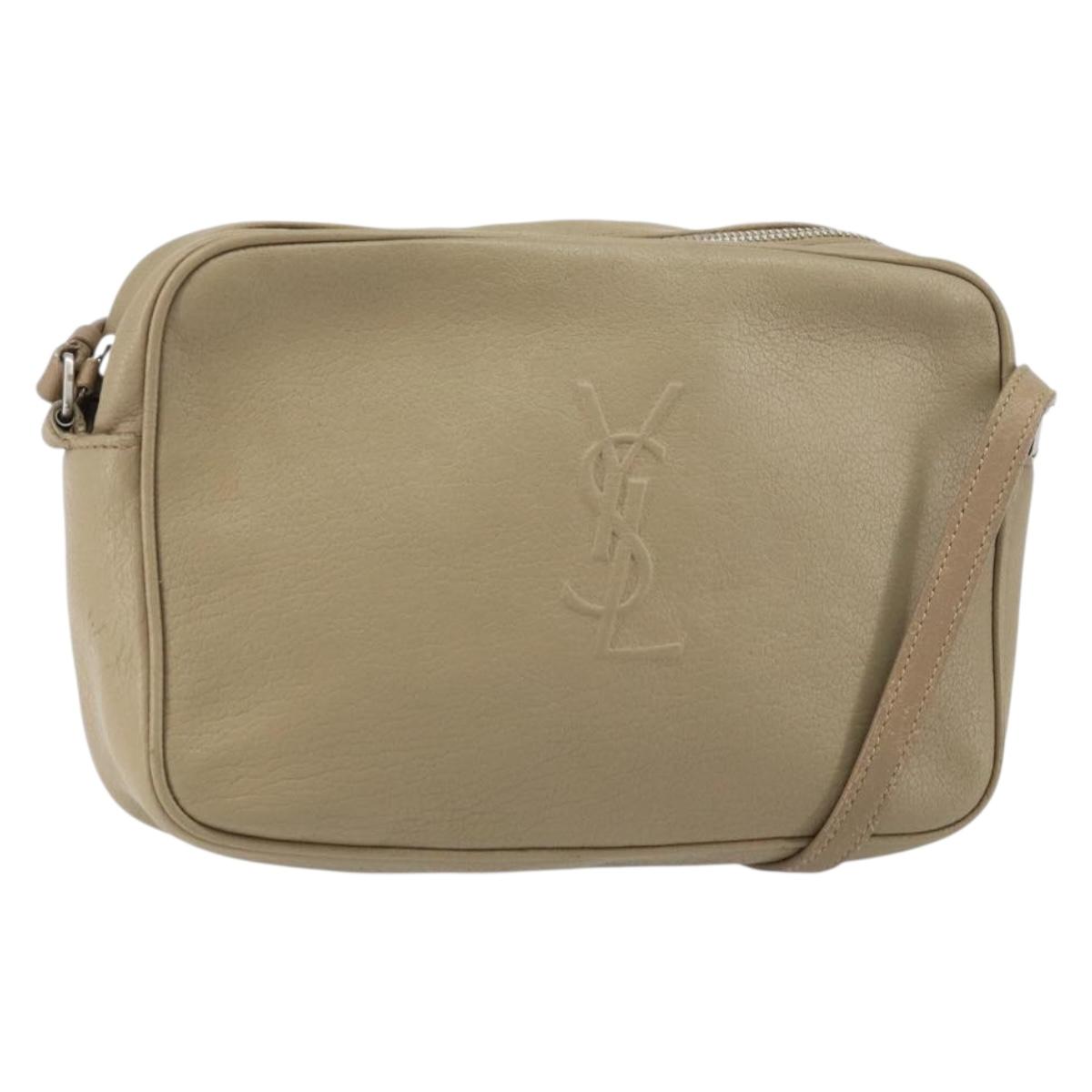 SAINT LAURENT Shoulder Bag Leather Beige Silver Auth ka1059