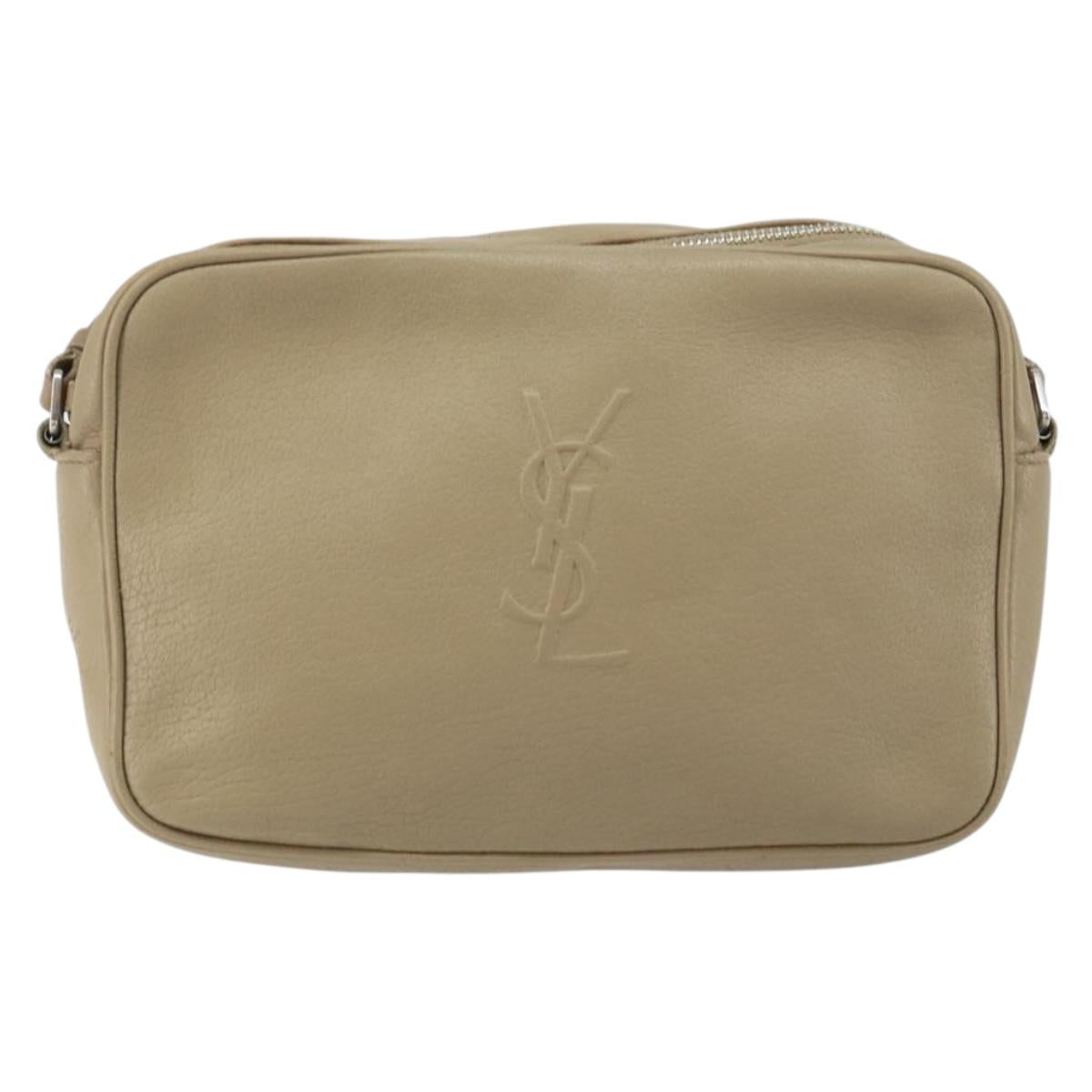 SAINT LAURENT Shoulder Bag Leather Beige Silver Auth ka1059