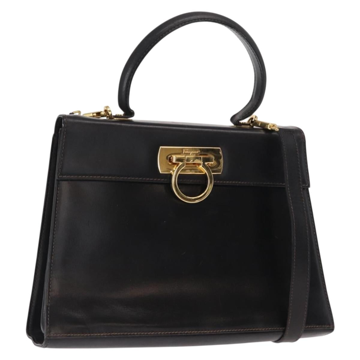 Salvatore Ferragamo Gancini Hand Bag Leather 2way Black Gold Auth ka1065
