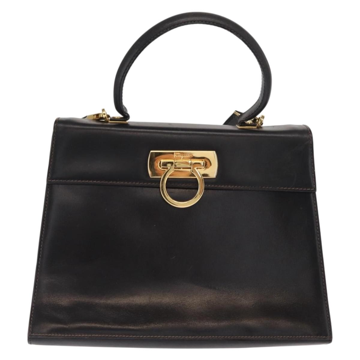 Salvatore Ferragamo Gancini Hand Bag Leather 2way Black Gold Auth ka1065