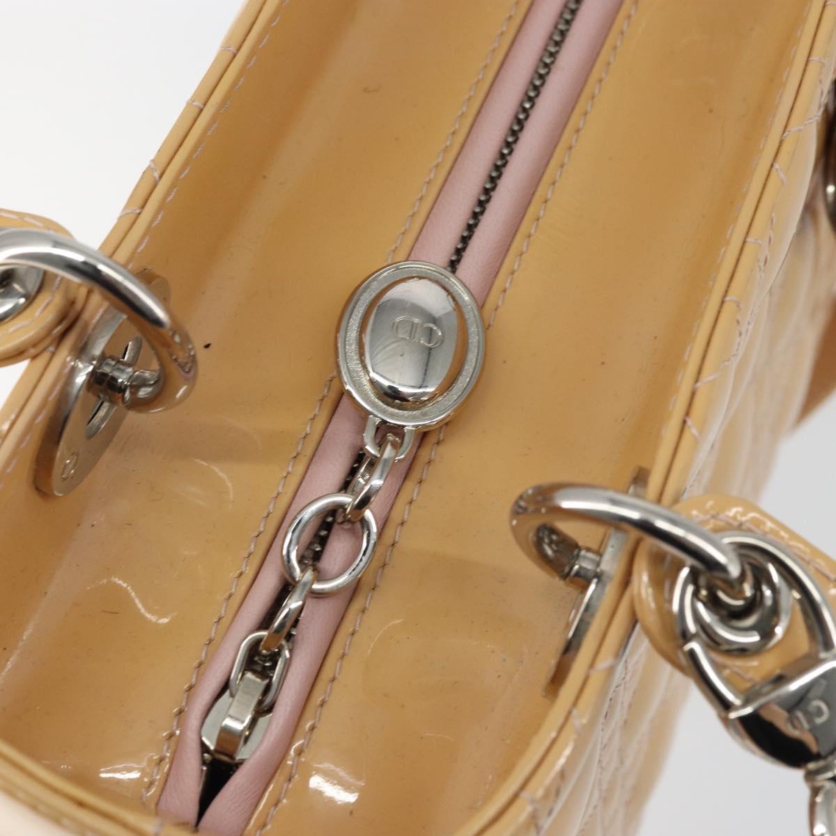 Christian Dior Lady Dior Canage Hand Bag Patent 2way Beige Silver Auth ka1144