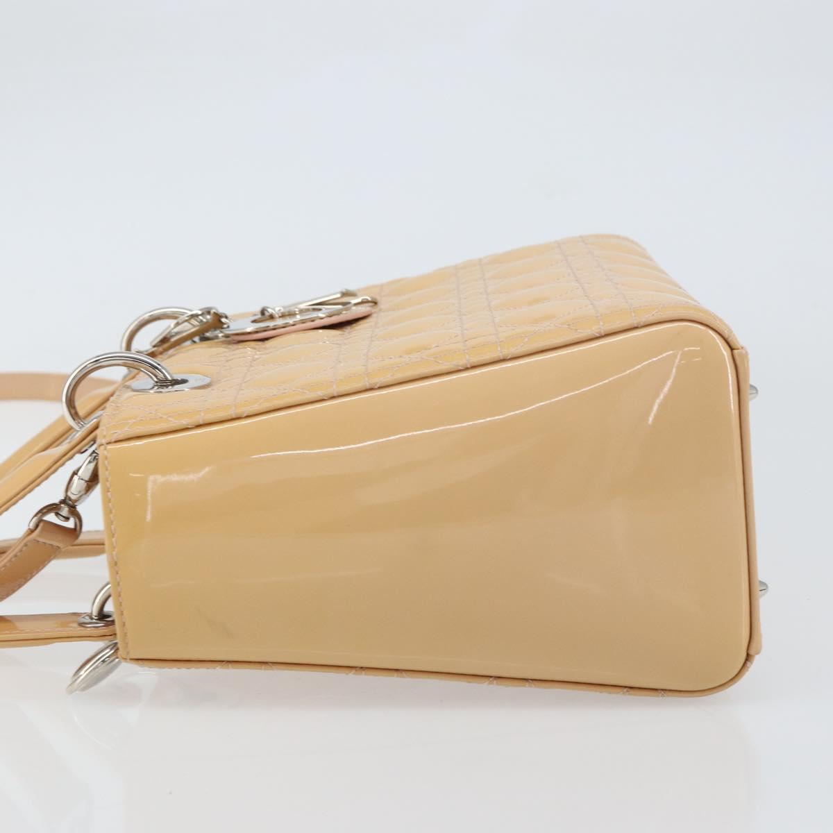 Christian Dior Lady Dior Canage Hand Bag Patent 2way Beige Silver Auth ka1144
