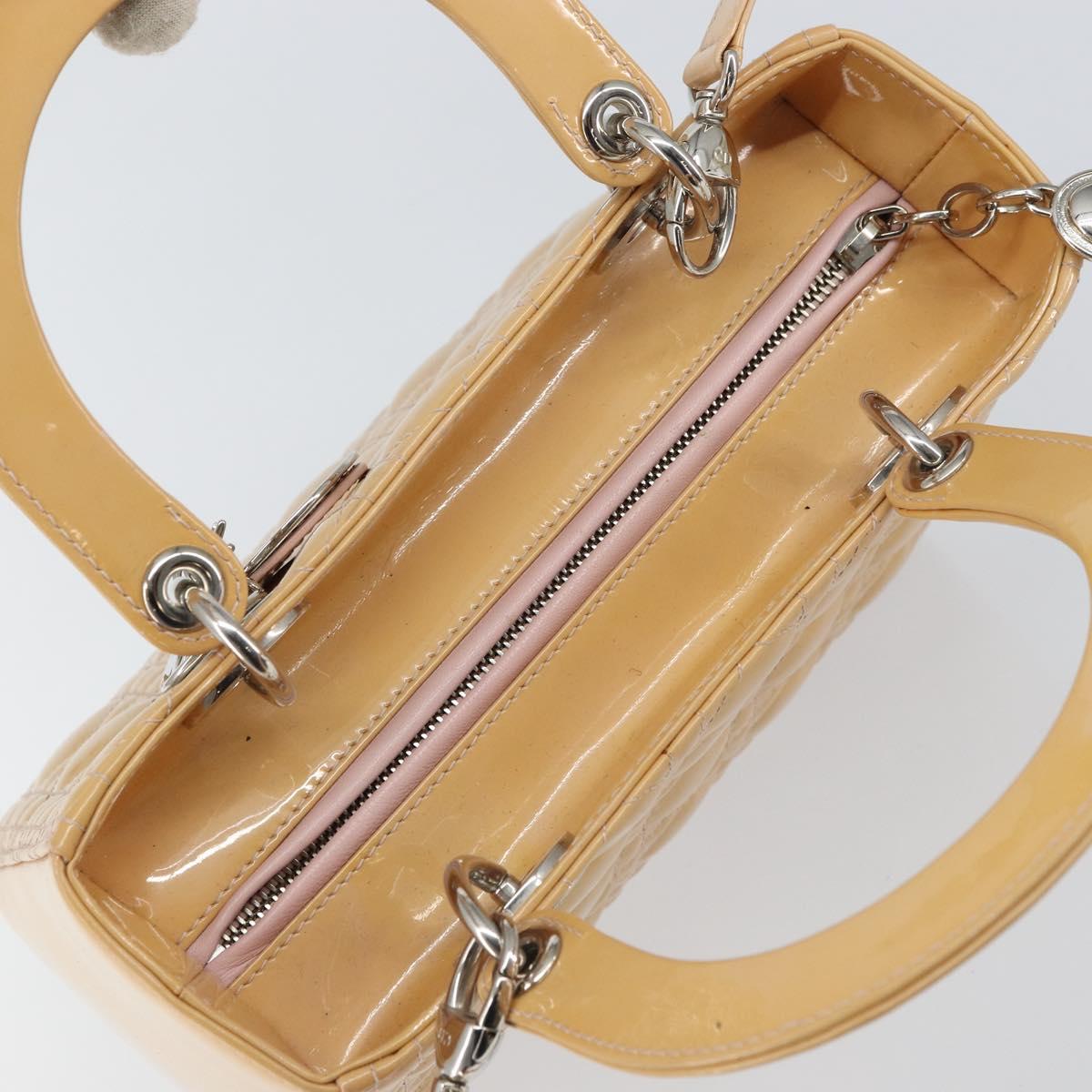 Christian Dior Lady Dior Canage Hand Bag Patent 2way Beige Silver Auth ka1144