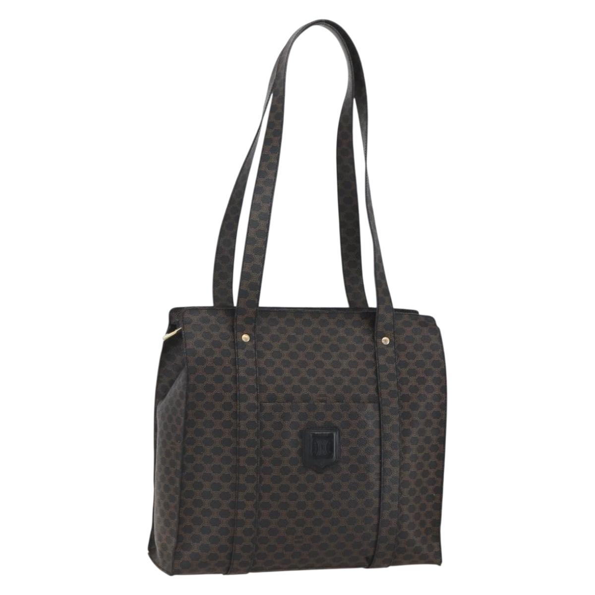 CELINE Macadam Canvas Tote Bag PVC Leather Black Gold Auth ka1178A