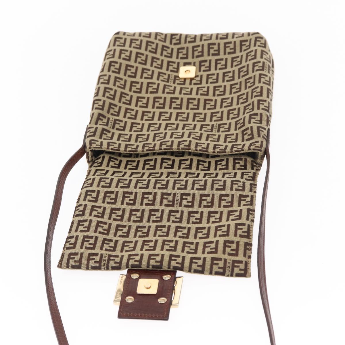 FENDI Zucchino Canvas Shoulder Bag Beige Gold Auth ka118