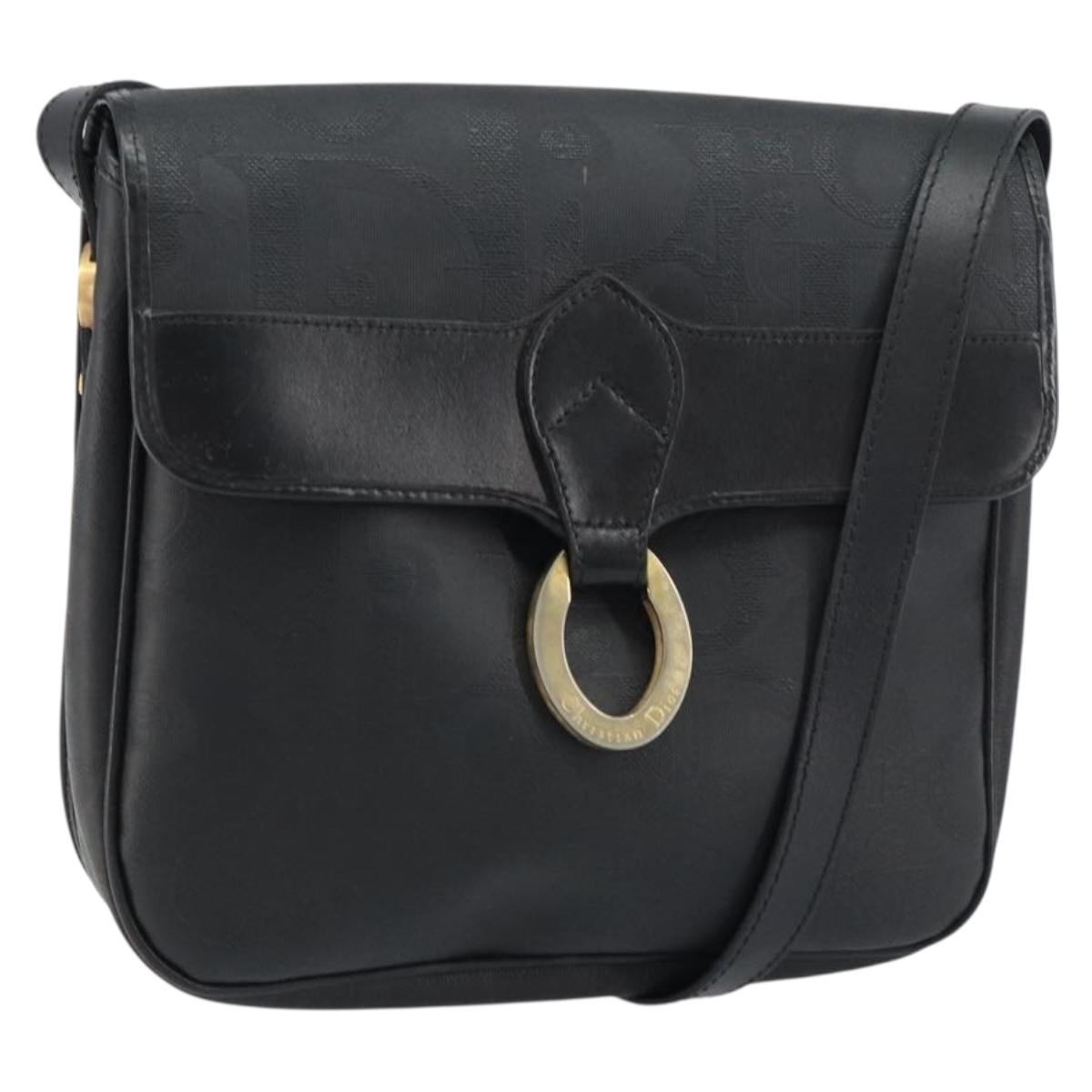 Christian Dior Trotter Canvas Shoulder Bag PVC Black Gold Auth ka1186