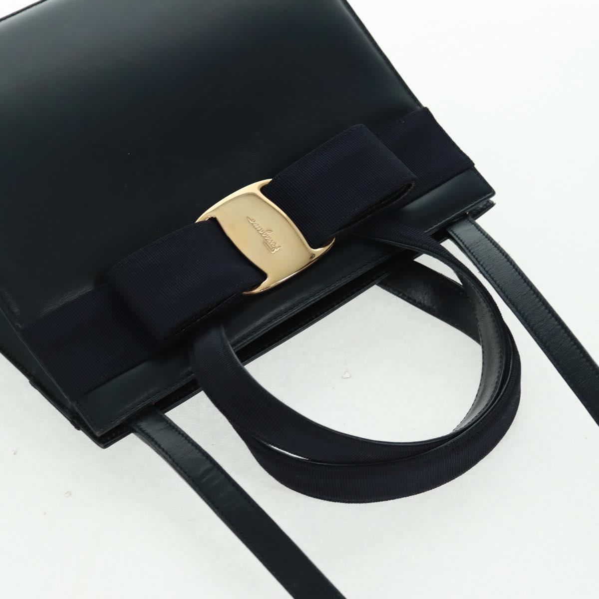 Salvatore Ferragamo Vala Hand Bag Leather 2way Navy Gold Auth ka1224