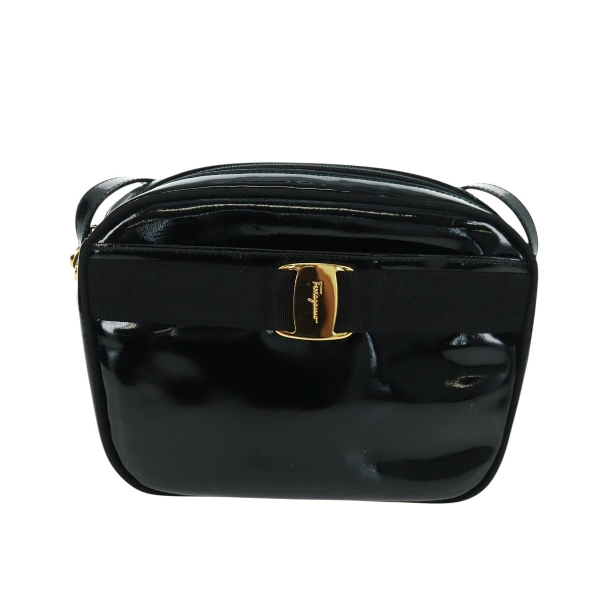 Salvatore Ferragamo Shoulder Bag Patent leather Black Gold Auth ka1226