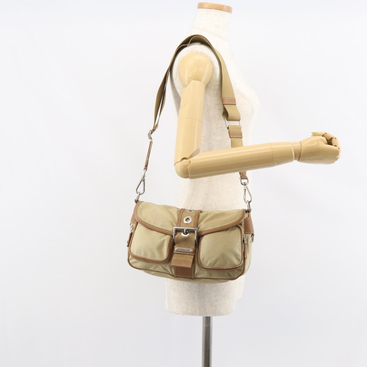 PRADA Shoulder Bag Nylon Beige Silver Auth ka1242