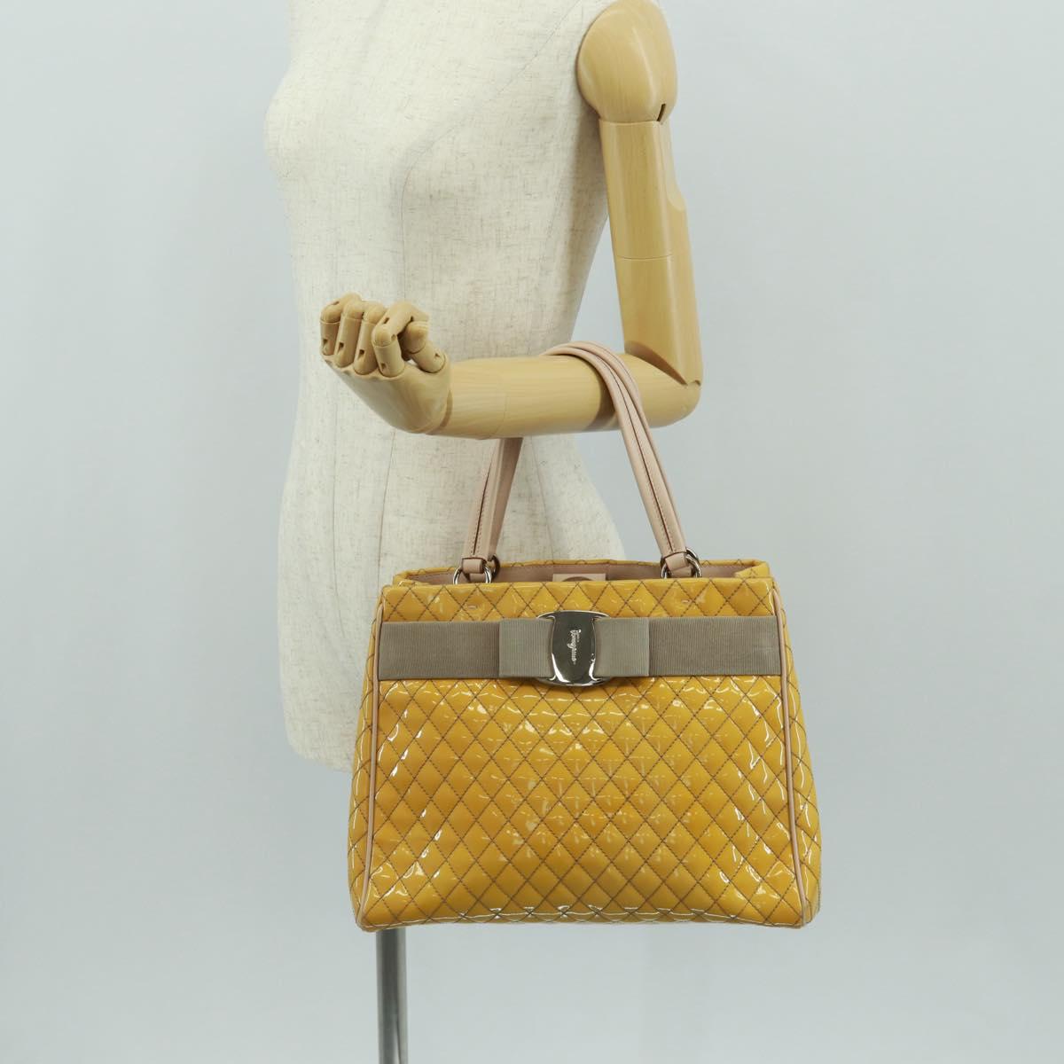 Salvatore Ferragamo Hand Bag Patent leather Yellow Silver Auth ka1247