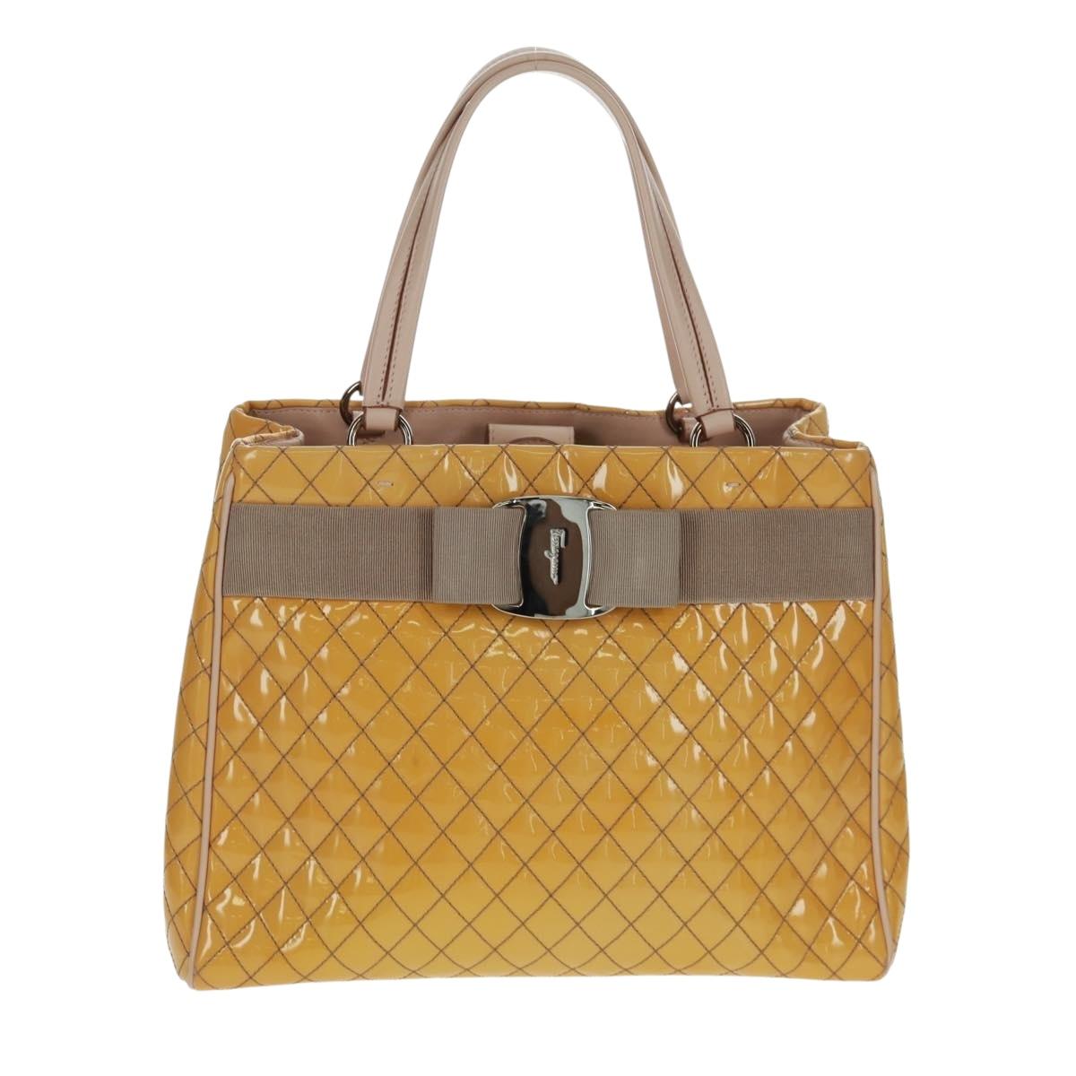 Salvatore Ferragamo Hand Bag Patent leather Yellow Silver Auth ka1247