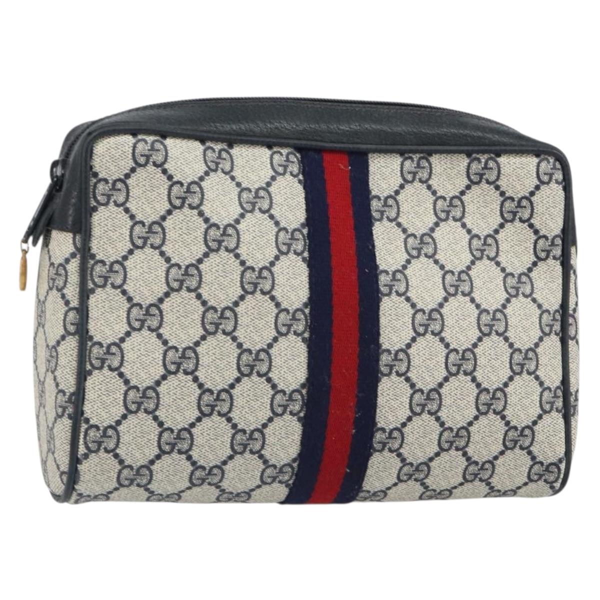 GUCCI GG Supreme Sherry Line Clutch Bag PVC Navy Gold 89 01 012 Auth ka1253