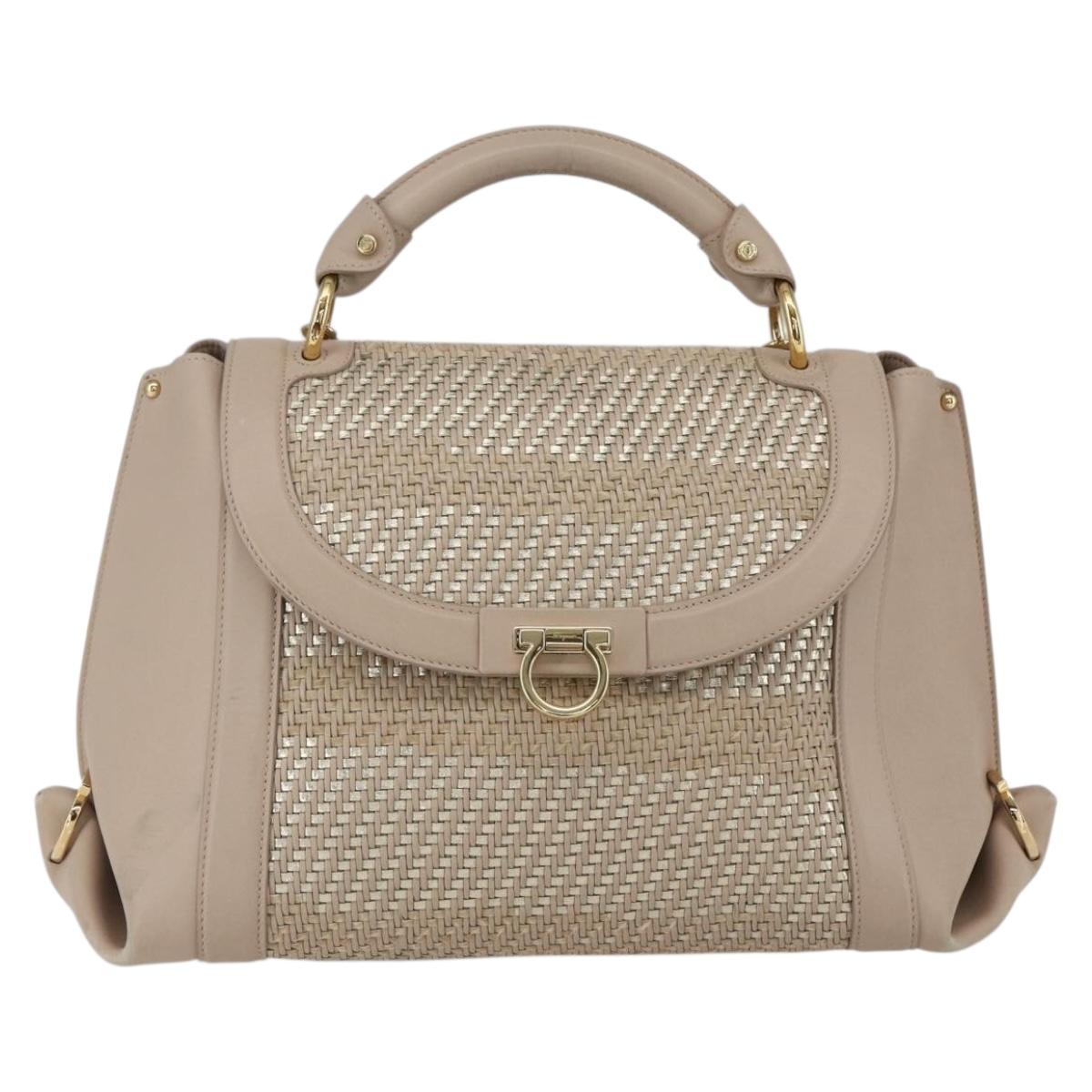 Salvatore Ferragamo Gancini Hand Bag Leather 2way Beige Gold Auth ka1275
