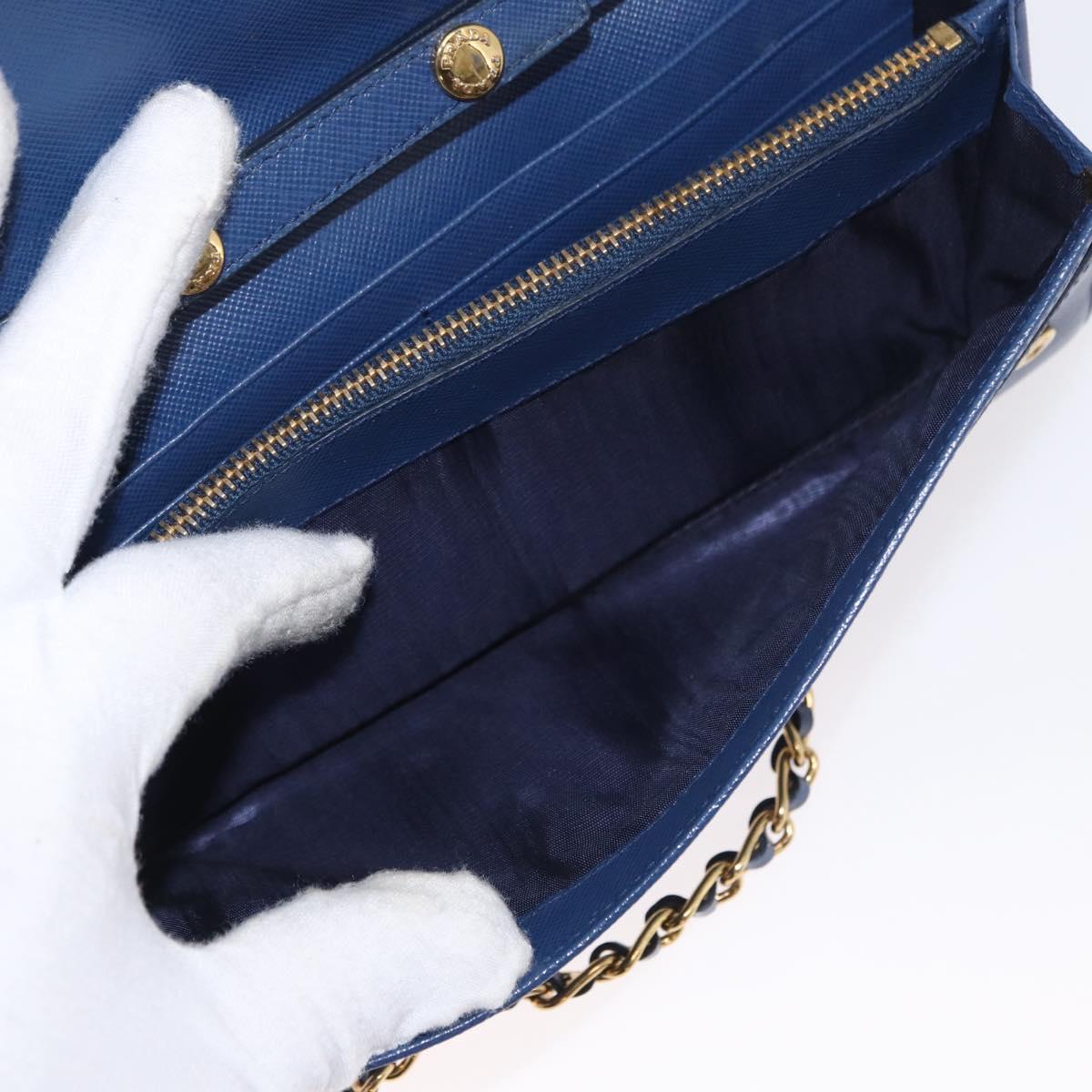 PRADA Chain Shoulder Wallet Safiano leather Blue Gold Auth ka128