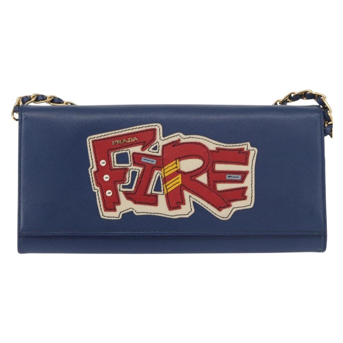PRADA Chain Shoulder Wallet Safiano leather Blue Gold Auth ka128