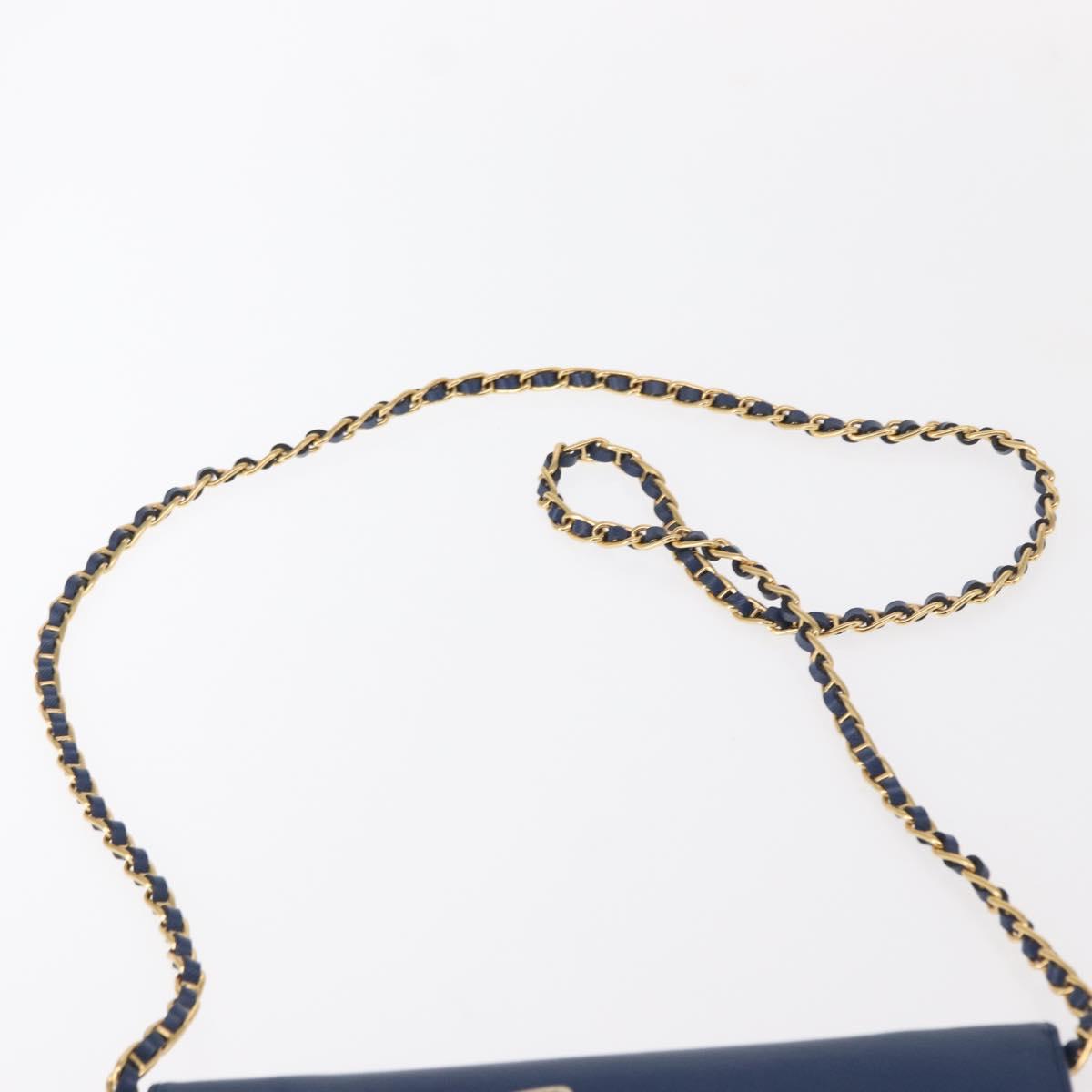 PRADA Chain Shoulder Wallet Safiano leather Blue Gold Auth ka128