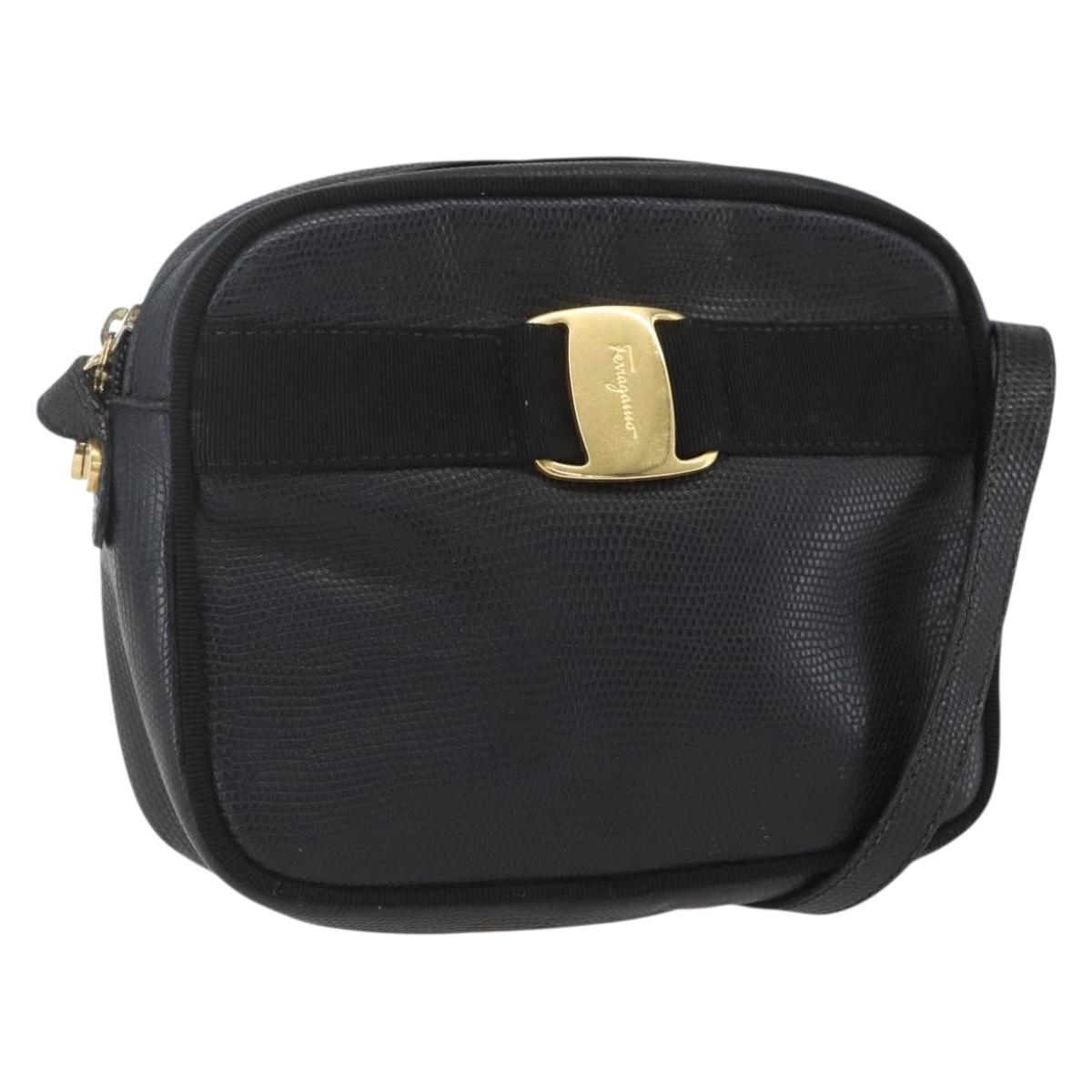 Salvatore Ferragamo Shoulder Bag Leather Black Gold Auth ka1281