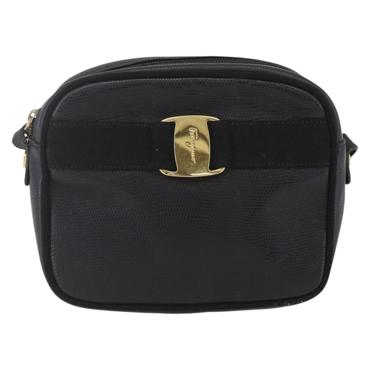 Salvatore Ferragamo Shoulder Bag Leather Black Gold Auth ka1281