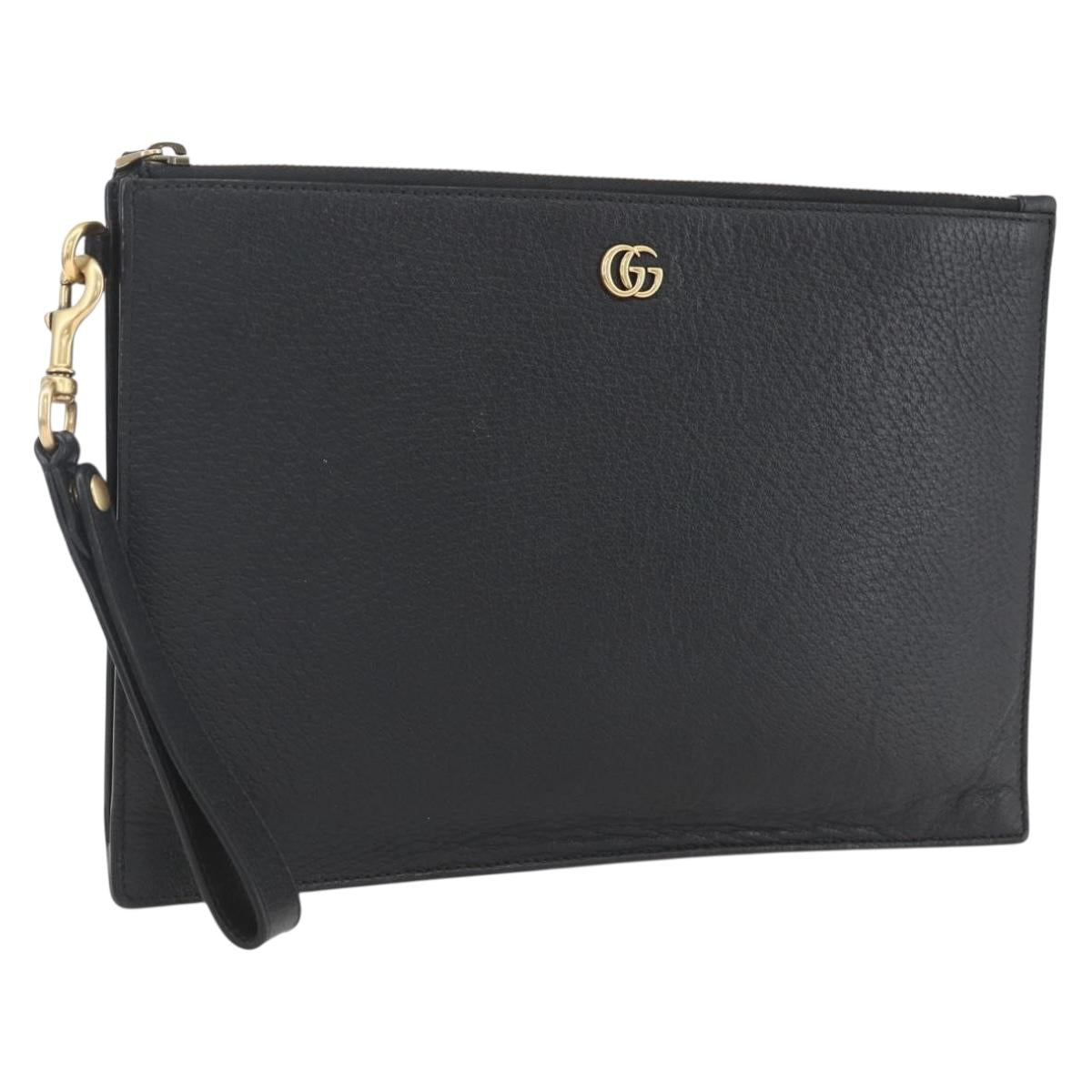 GUCCI Clutch Bag Leather Black Gold 475317 Auth ka1319