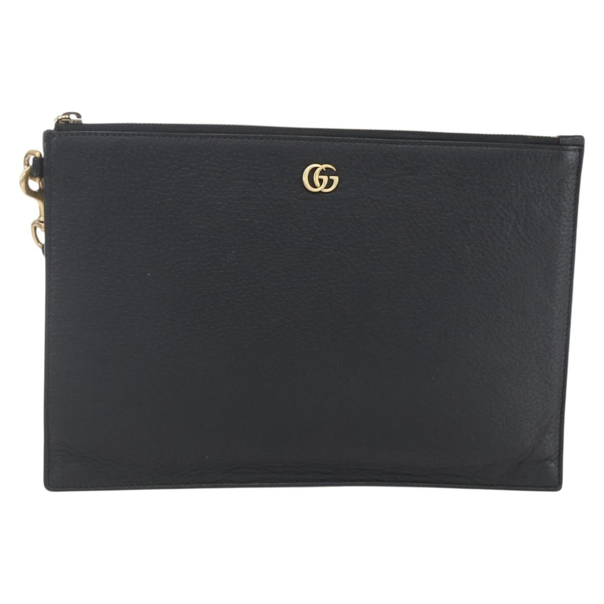 GUCCI Clutch Bag Leather Black Gold 475317 Auth ka1319
