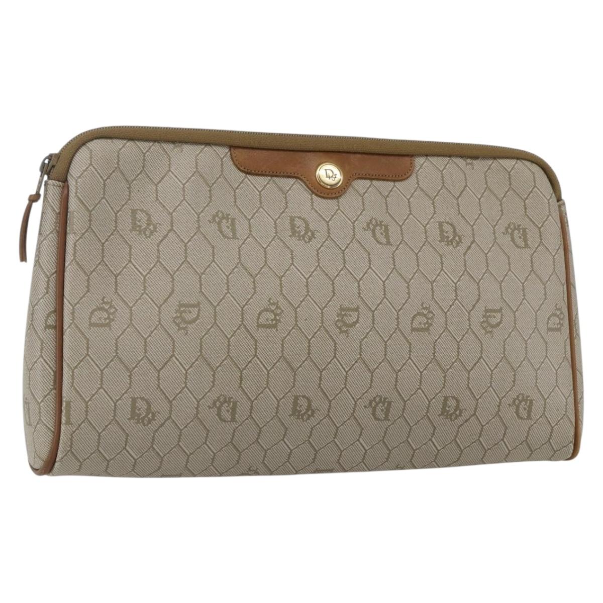 Christian Dior Honeycomb Canvas Pouch PVC Beige Auth ka1336