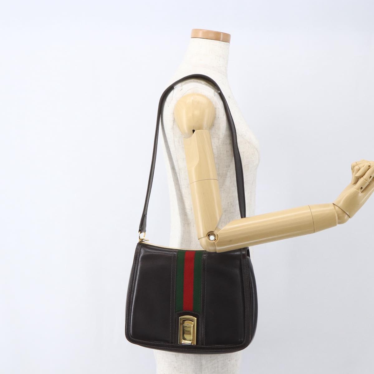 GUCCI Web Sherry Line Shoulder Bag Leather Brown Gold Auth ka1343
