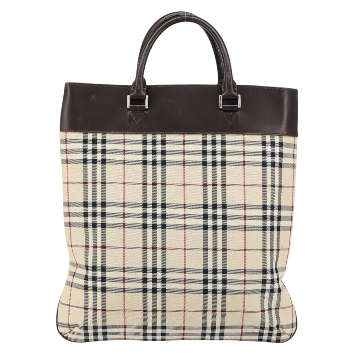 BURBERRY Nova Check Hand Bag Canvas Beige Silver Auth ka136