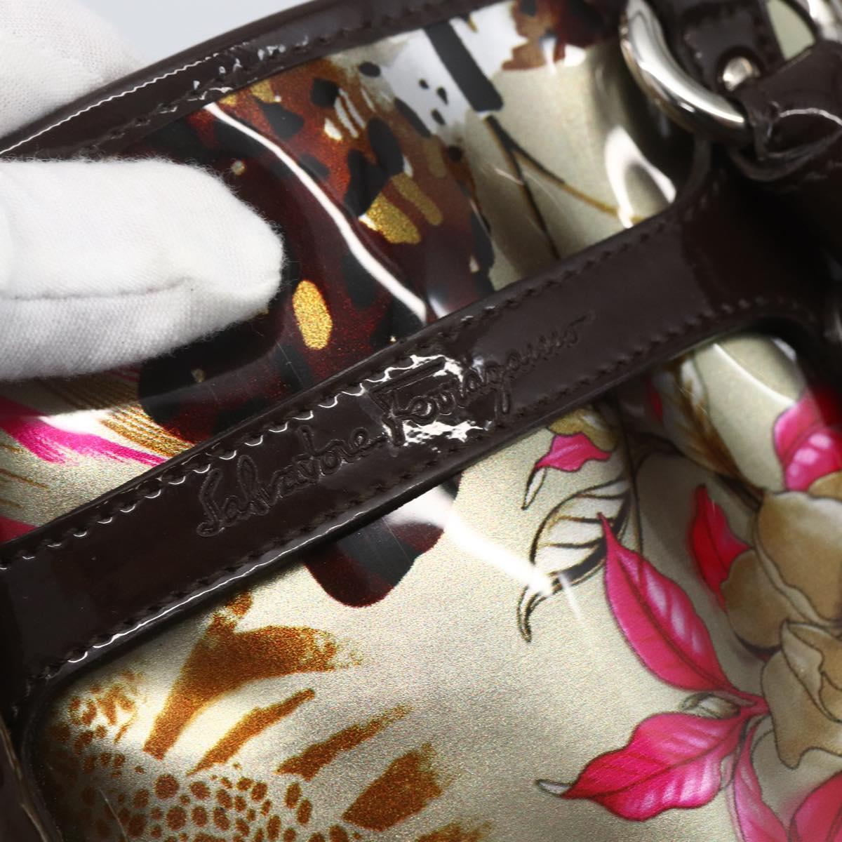 Salvatore Ferragamo Animal Pattern Hand Bag Vinyl Brown Gold Silver Auth ka1371