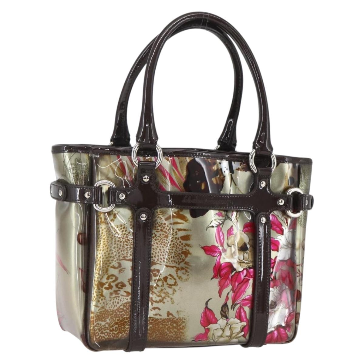Salvatore Ferragamo Animal Pattern Hand Bag Vinyl Brown Gold Silver Auth ka1371