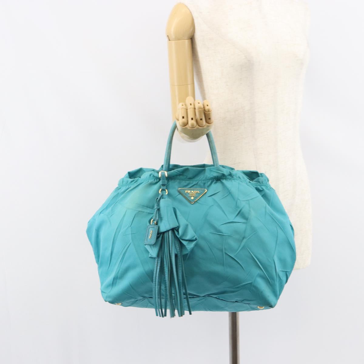 PRADA Hand Bag Nylon Light Blue Gold Auth ka1374