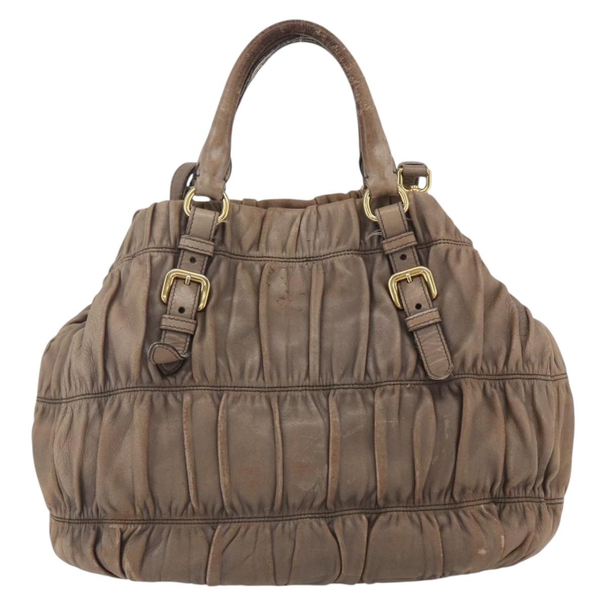 PRADA Hand Bag Leather 2way Beige Gold Auth ka1381