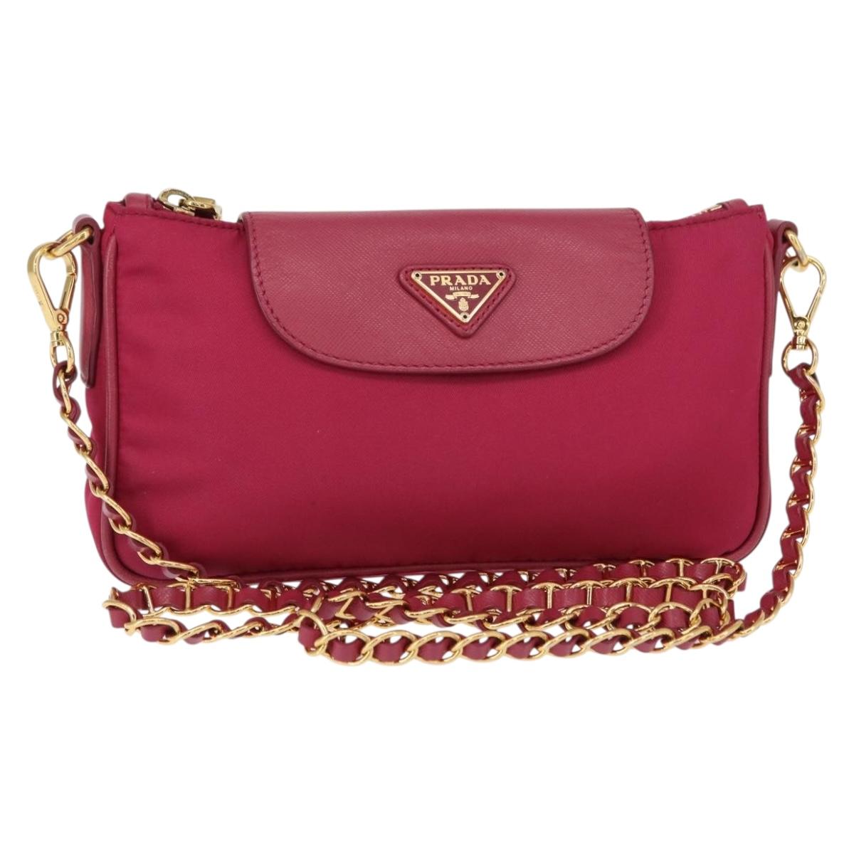 PRADA Chain Shoulder Bag Nylon Leather Pink Gold Auth ka140