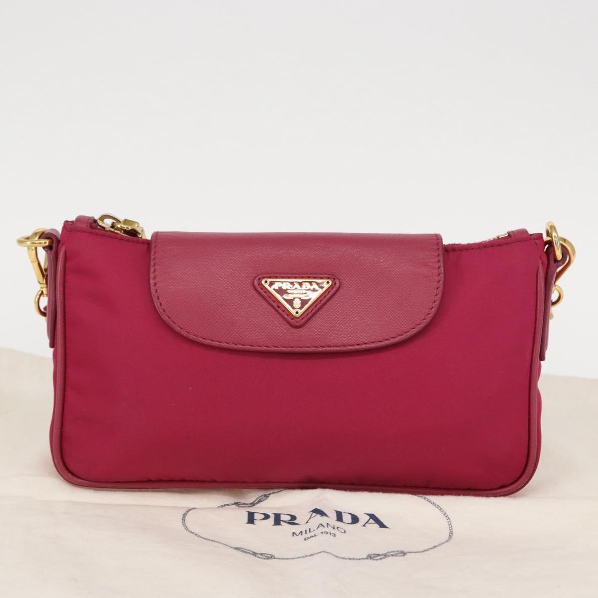 PRADA Chain Shoulder Bag Nylon Leather Pink Gold Auth ka140